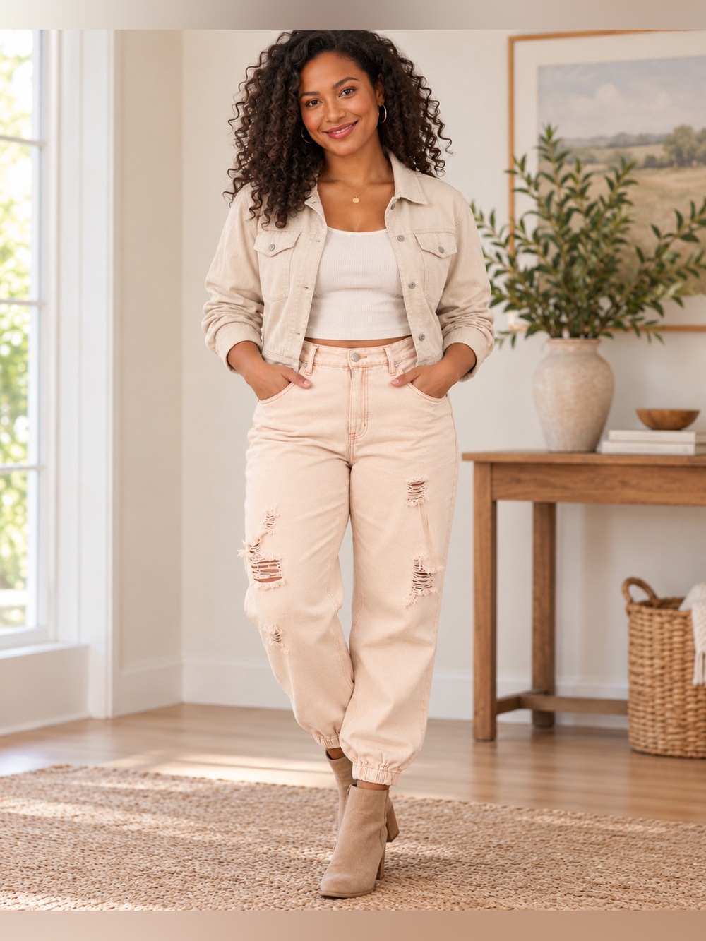POL Distressed Denim Jogger light cream-coral color Pants
